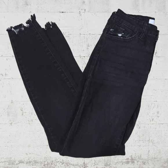 KanCan Black Denim Distressed High Waisted Fringe Fray Hem Skinny Jeans Size 25 - Picture 8 of 8